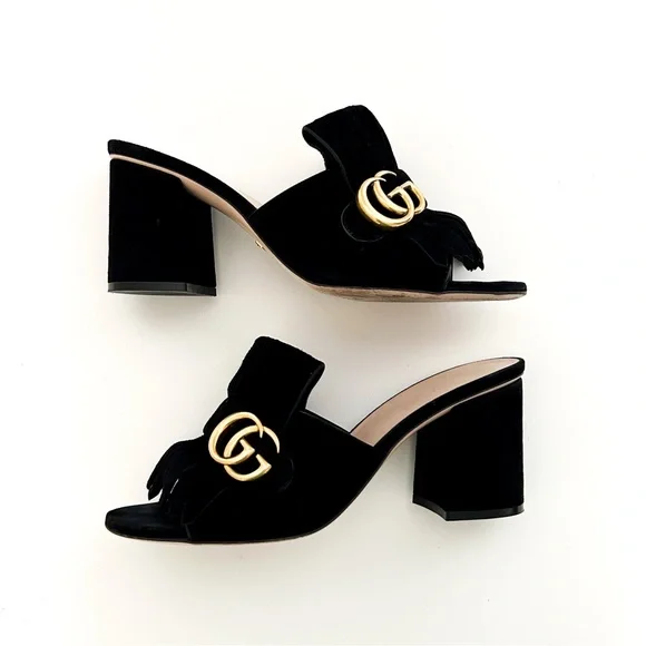 Gucci Marmont GG Logo Black Suede Fringe High Heeled Slip On Mules Slides 38.5 - Picture 7 of 12
